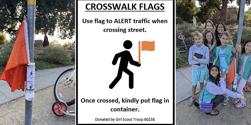Girl Scouts and crosswalk flags