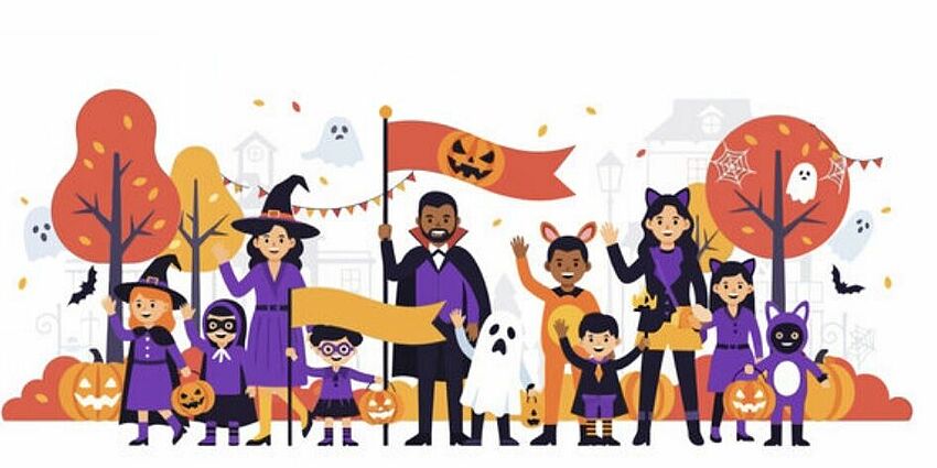 clipart of Halloween parade with students and parents