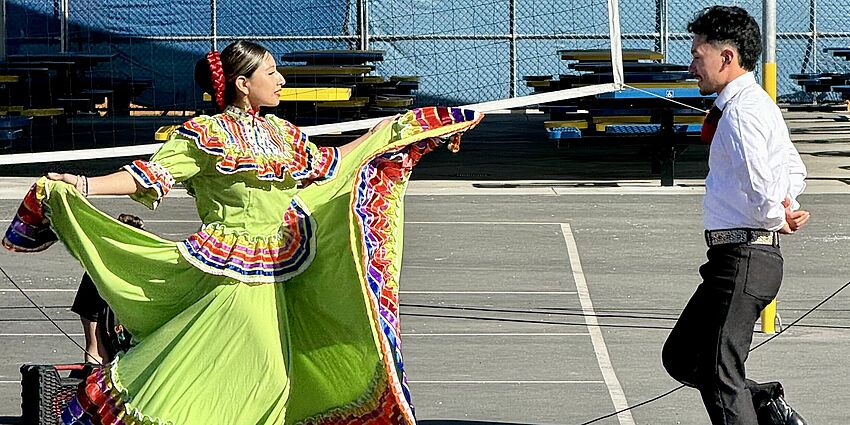 Folklorico dancers at Forest Hill School assembly