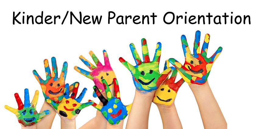 Smiley raised hands with the title Kinder/New Parent Orientation