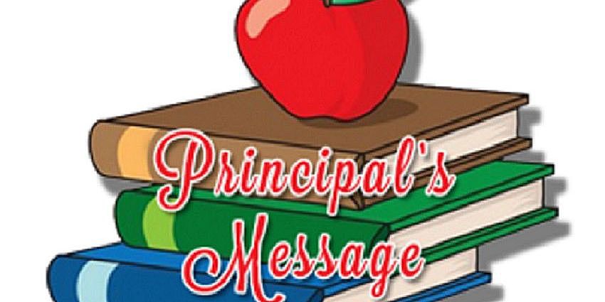 An apple on top of a pile of books with the text "Principal's Message".