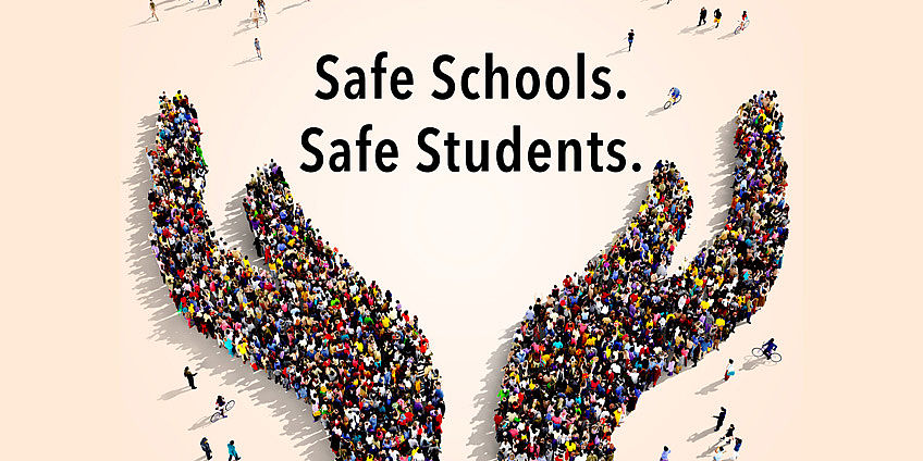 crowd in shape of two hands. Safe Students. Safe Schools.