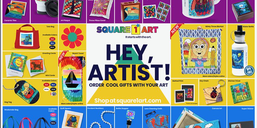 Square1 Art flyer for art fundraisers with samples of types of projects.