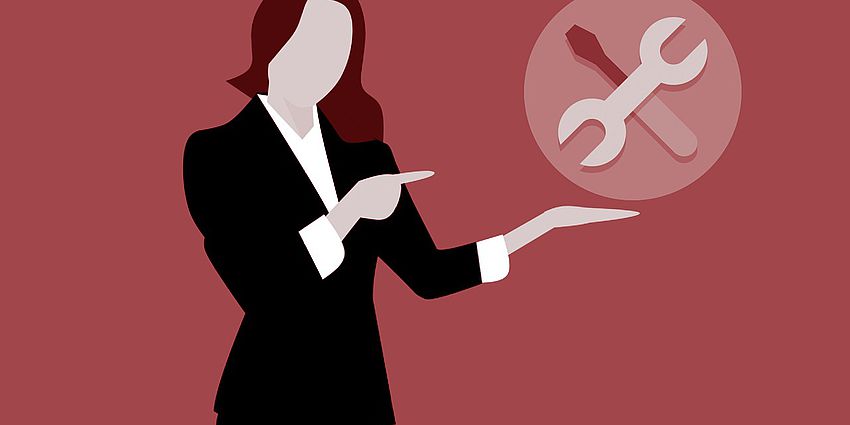 clip art lady holding a bubble with a wrench and screwdriver in it
