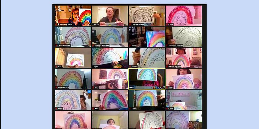 a Zoom image array of rainbows that children have drawn