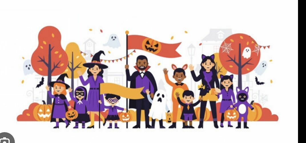 clipart of Halloween parade with students and parents