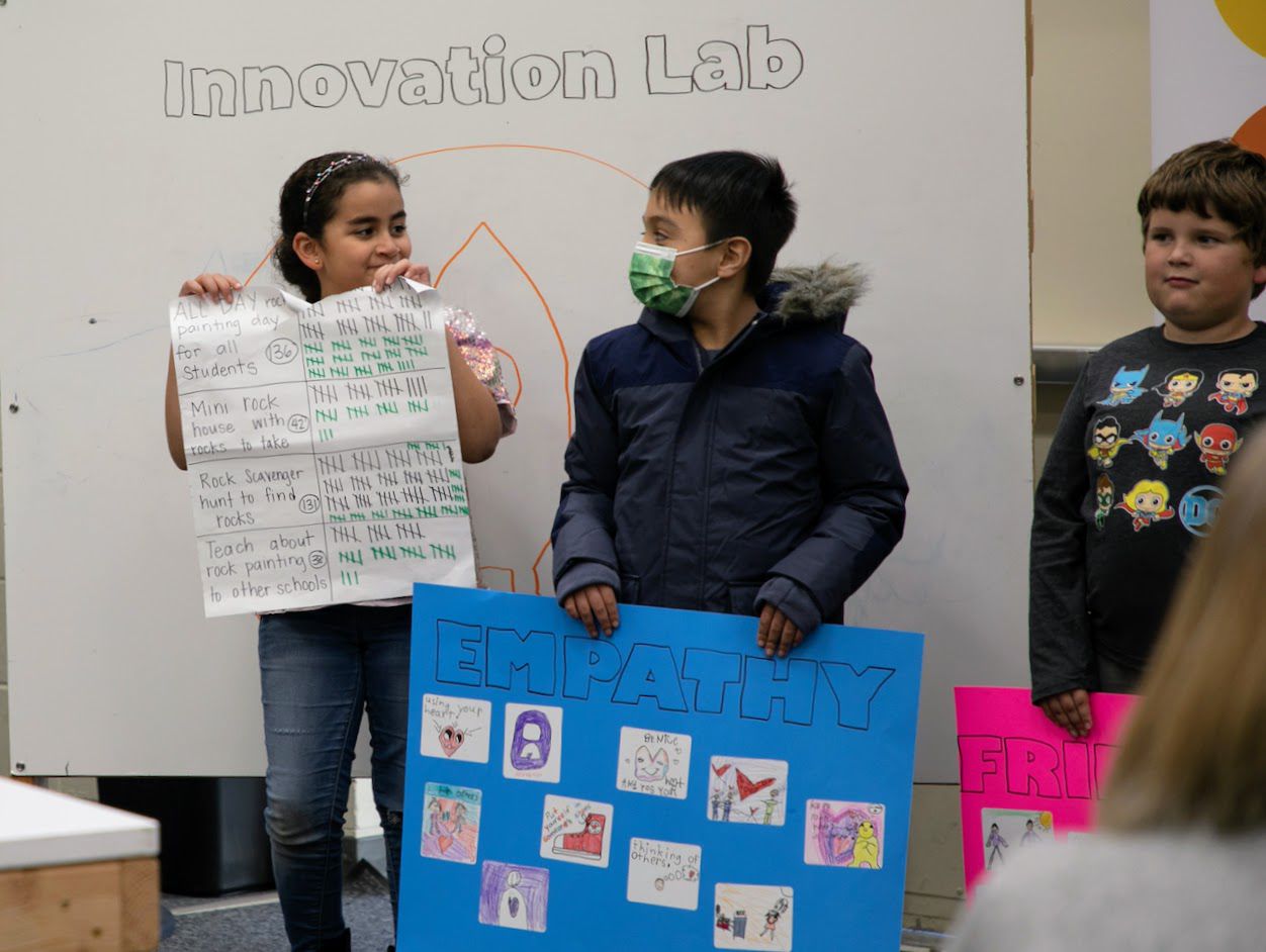 students standing with signs and survey data